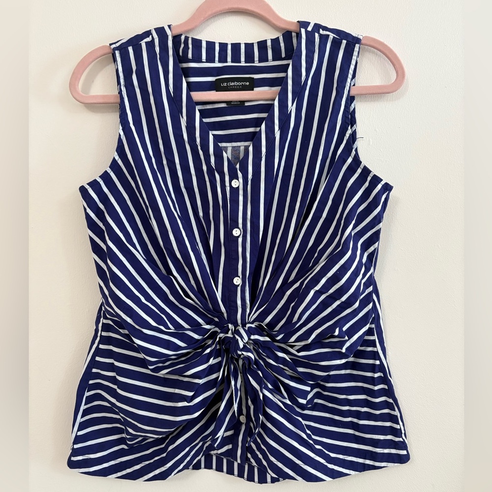 Liz Claiborne Striped Sleeveless Blouse M – Navy Blue Button Front Tie Waist